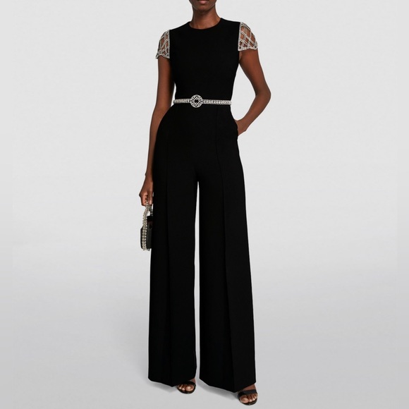 Elie Saab Crystal Wide-Leg Crepe Jumpsuit w/ Belt - Picture 2 of 5